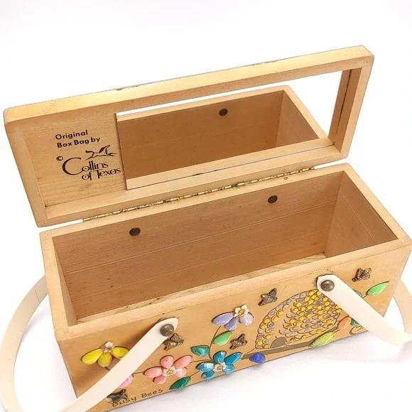 Enid Collins Of Texas 1960's Wood Box Purse "Busy‎ Bees" Boho Vintage Handbag - Picture 11 of 13